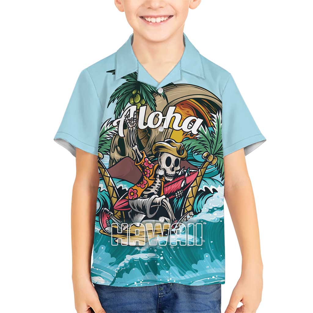 Personalized Aloha Hawaii Skeleton Family Matching Long Sleeve Bodycon Dress and Hawaiian Shirt Tropical Summer Vibe LT01 Son's Shirt Blue - Polynesian Pride