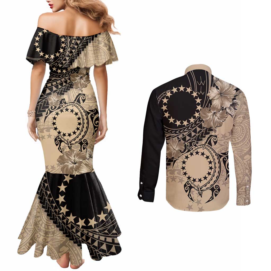 Cook Islands Turtle Couples Matching Mermaid Dress and Long Sleeve Button Shirt Stars and Hibiscus - Beige