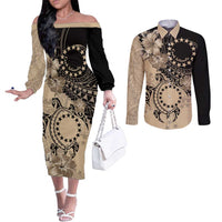 Cook Islands Turtle Couples Matching Off The Shoulder Long Sleeve Dress and Long Sleeve Button Shirt Stars and Hibiscus - Beige LT01 Beige - Polynesian Pride
