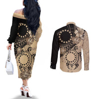 Cook Islands Turtle Couples Matching Off The Shoulder Long Sleeve Dress and Long Sleeve Button Shirt Stars and Hibiscus - Beige LT01 - Polynesian Pride