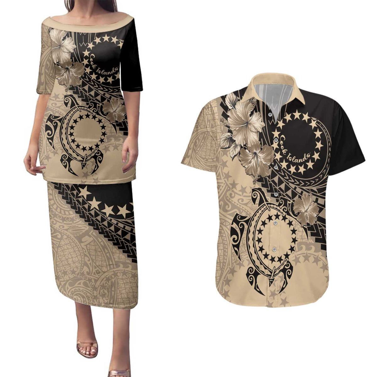 Cook Islands Turtle Couples Matching Puletasi and Hawaiian Shirt Stars and Hibiscus - Beige