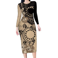 Cook Islands Turtle Family Matching Long Sleeve Bodycon Dress and Hawaiian Shirt Stars and Hibiscus - Beige