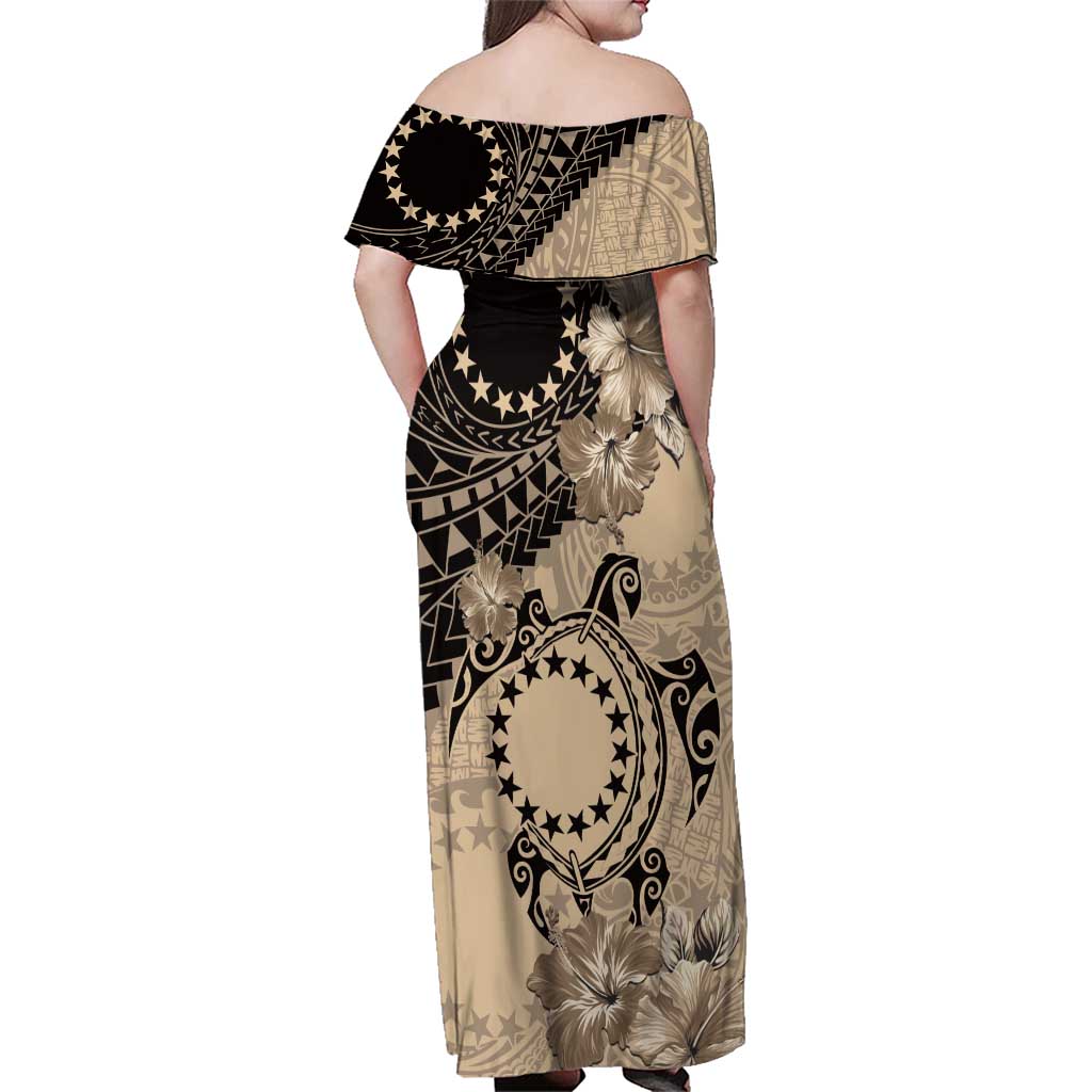 Cook Islands Turtle Family Matching Off Shoulder Maxi Dress and Hawaiian Shirt Stars and Hibiscus - Beige