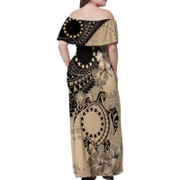 Cook Islands Turtle Family Matching Off Shoulder Maxi Dress and Hawaiian Shirt Stars and Hibiscus - Beige