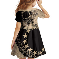 Cook Islands Turtle Family Matching Off Shoulder Short Dress and Hawaiian Shirt Stars and Hibiscus - Beige