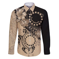Cook Islands Turtle Family Matching Puletasi and Hawaiian Shirt Stars and Hibiscus - Beige LT01 Dad's Shirt - Long Sleeve Beige - Polynesian Pride