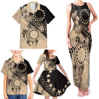 Cook Islands Turtle Family Matching Tank Maxi Dress and Hawaiian Shirt Stars and Hibiscus - Beige