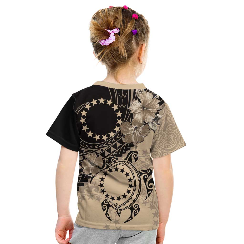 Cook Islands Turtle Kid T Shirt Stars and Hibiscus - Beige