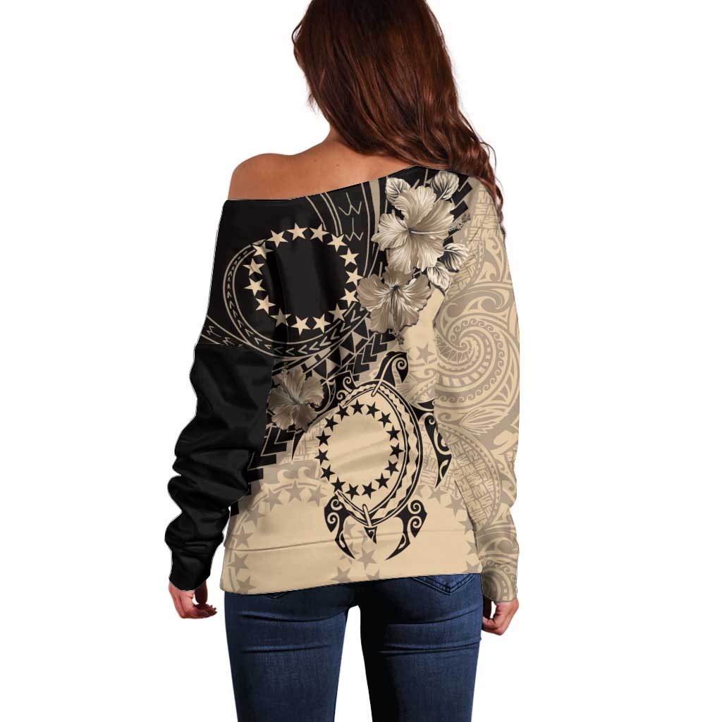 Cook Islands Turtle Off Shoulder Sweater Stars and Hibiscus - Beige