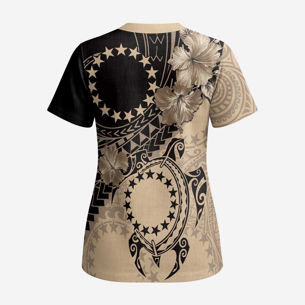 Cook Islands Turtle Scrub Top Stars and Hibiscus - Beige - Polynesian Pride