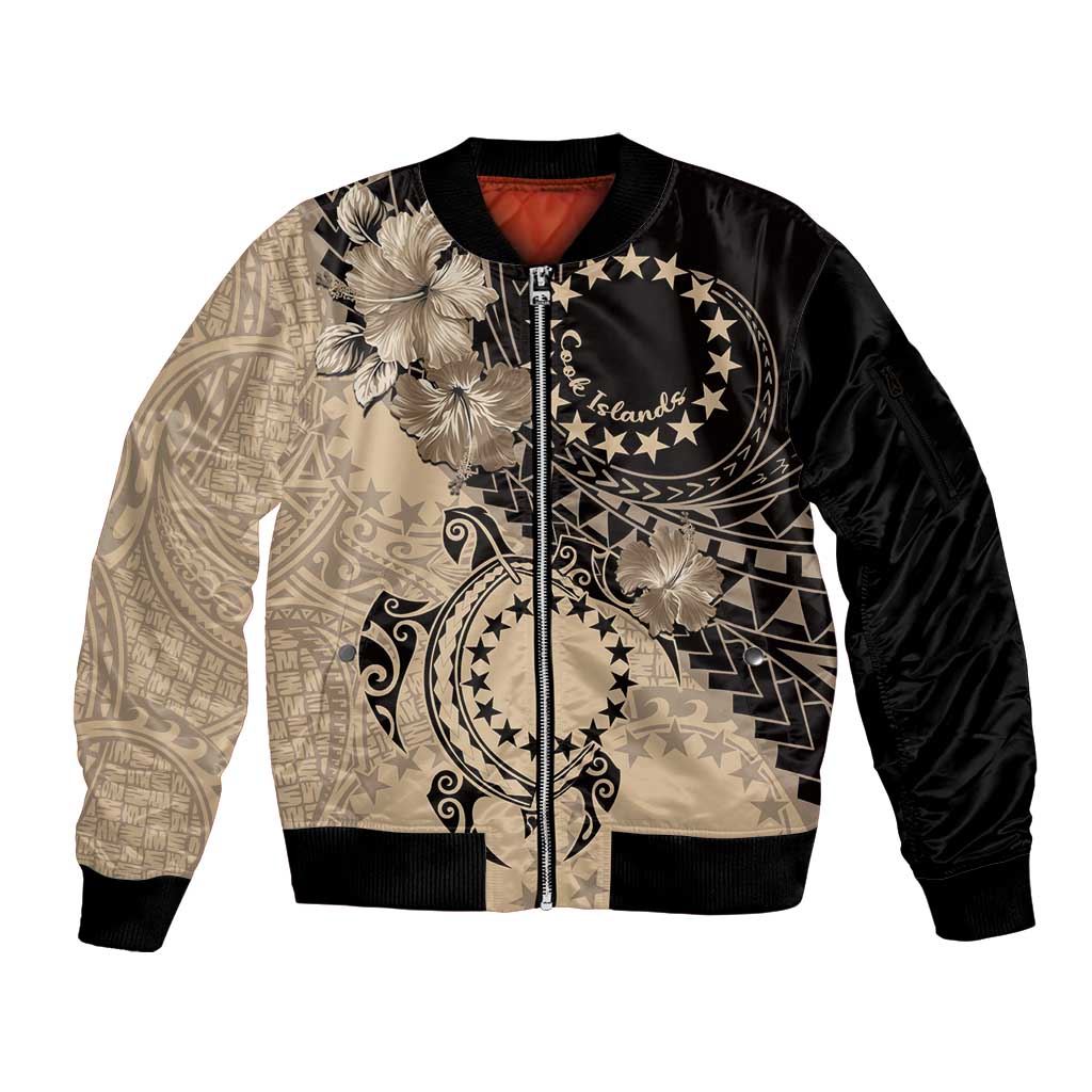 Cook Islands Turtle Sleeve Zip Bomber Jacket Stars and Hibiscus - Beige