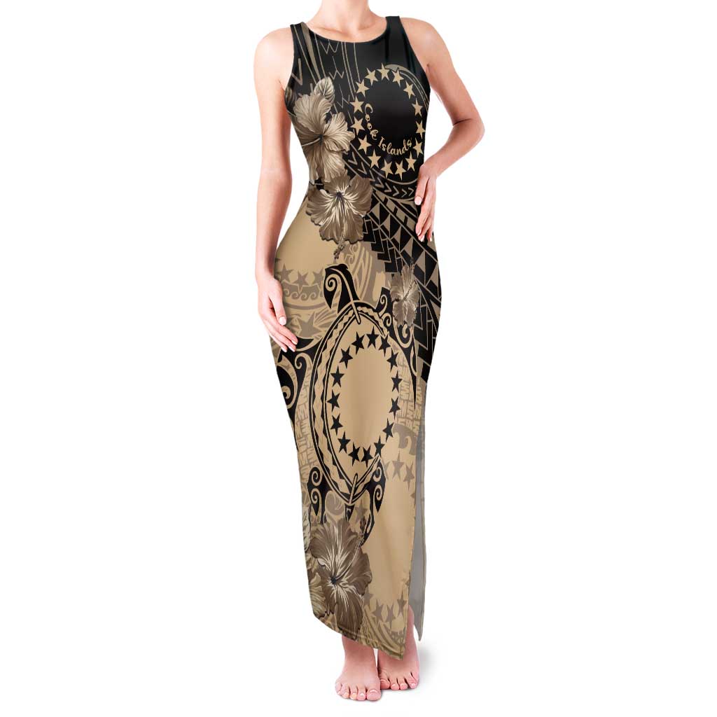 Cook Islands Turtle Tank Maxi Dress Stars and Hibiscus - Beige