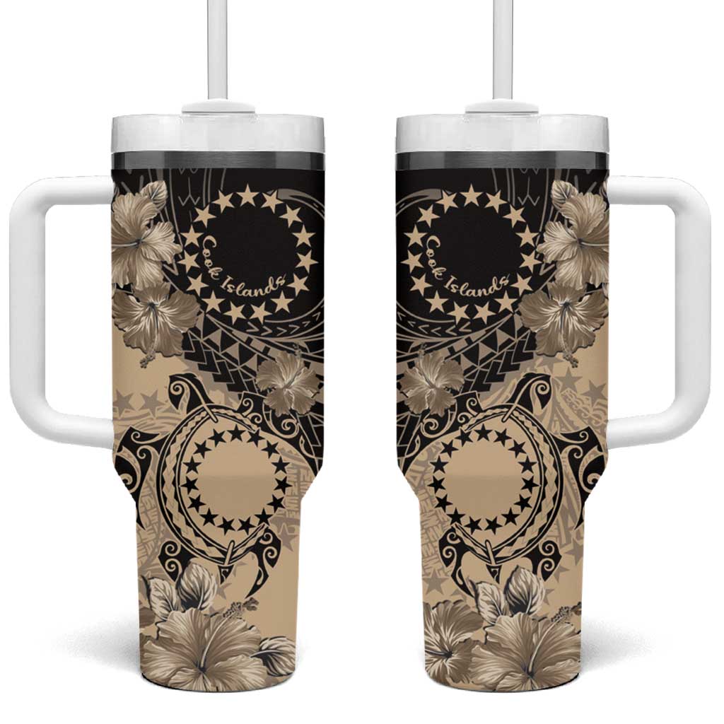 Cook Islands Turtle Tumbler With Handle Stars and Hibiscus - Beige