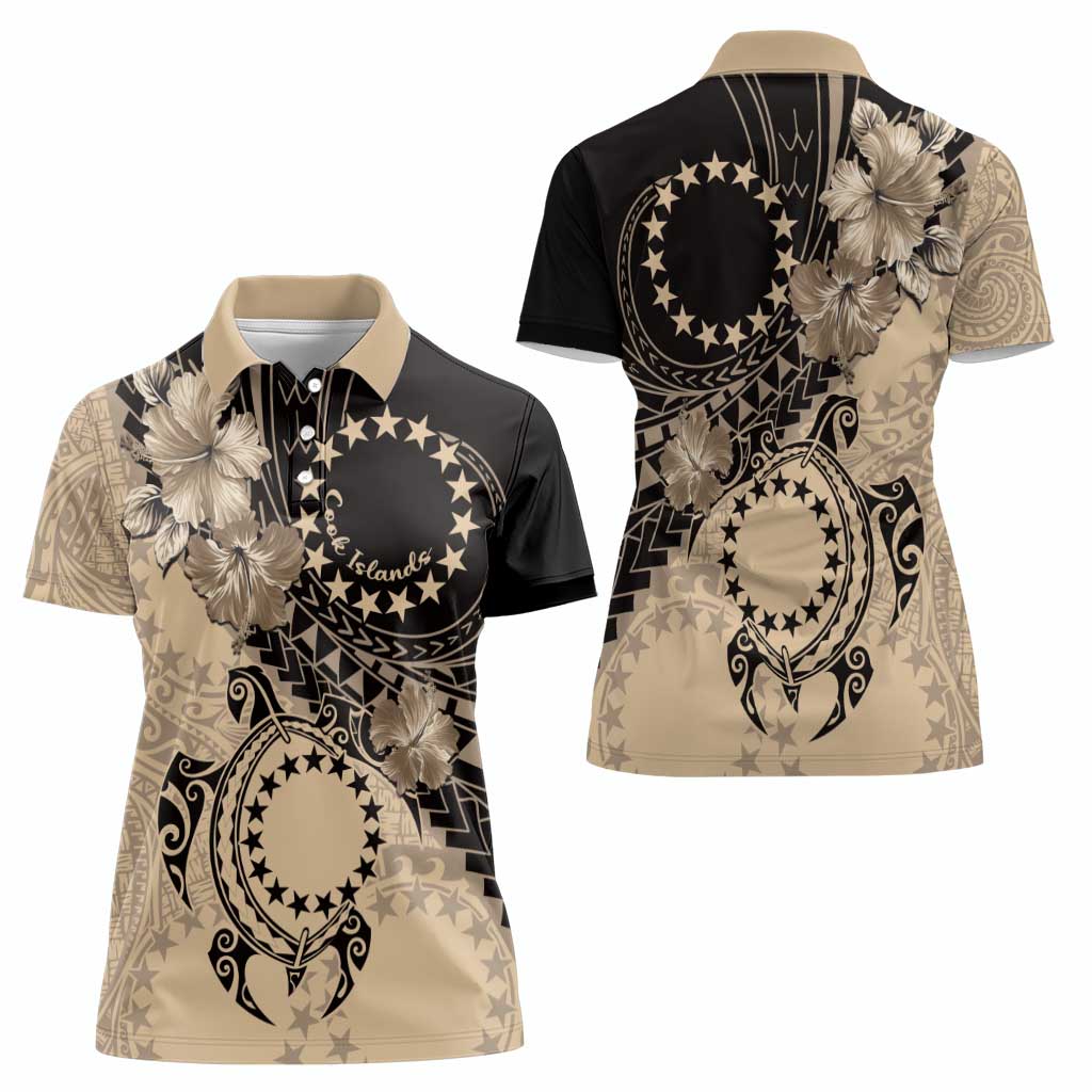 Cook Islands Turtle Women Polo Shirt Stars and Hibiscus - Beige