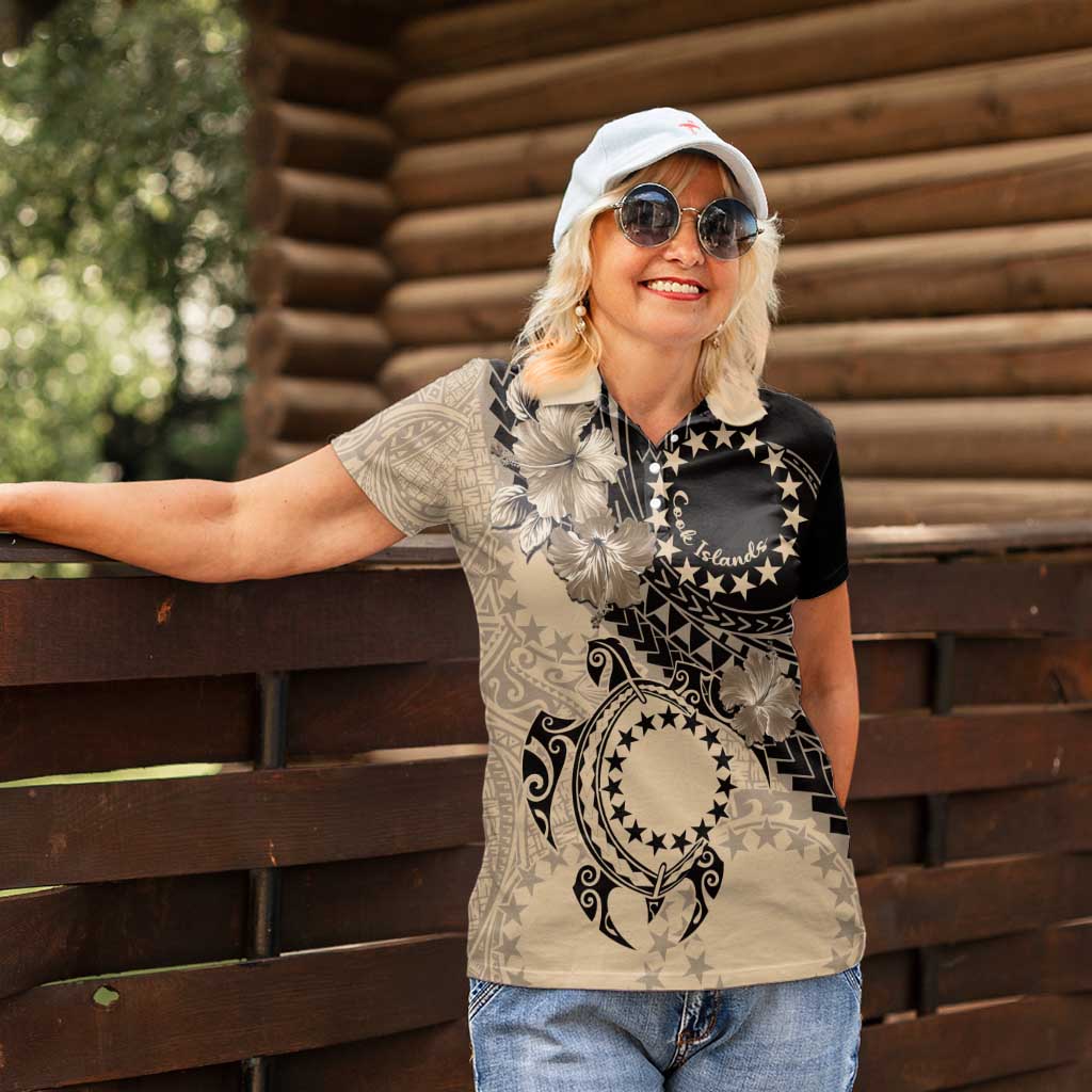 Cook Islands Turtle Women Polo Shirt Stars and Hibiscus - Beige