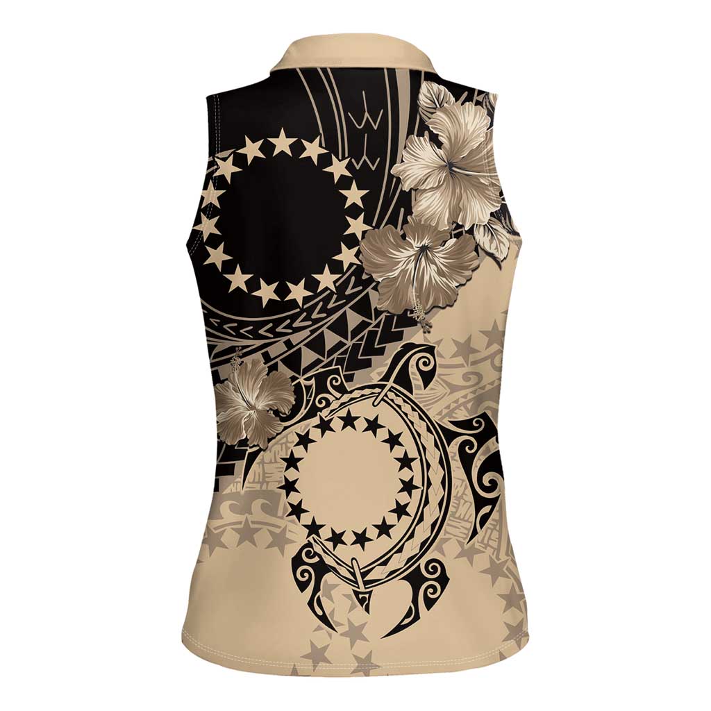 Cook Islands Turtle Women Sleeveless Polo Shirt Stars and Hibiscus - Beige