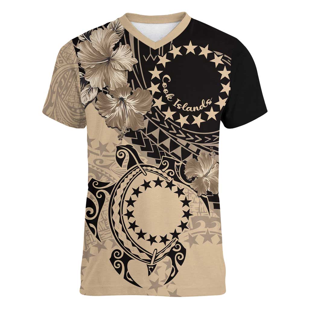 Cook Islands Turtle Women V-Neck T-Shirt Stars and Hibiscus - Beige