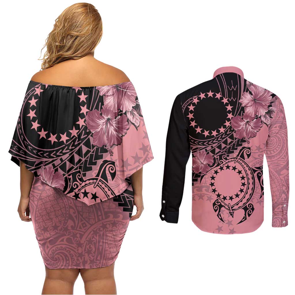 Cook Islands Turtle Couples Matching Off Shoulder Short Dress and Long Sleeve Button Shirt Stars and Hibiscus - Pink