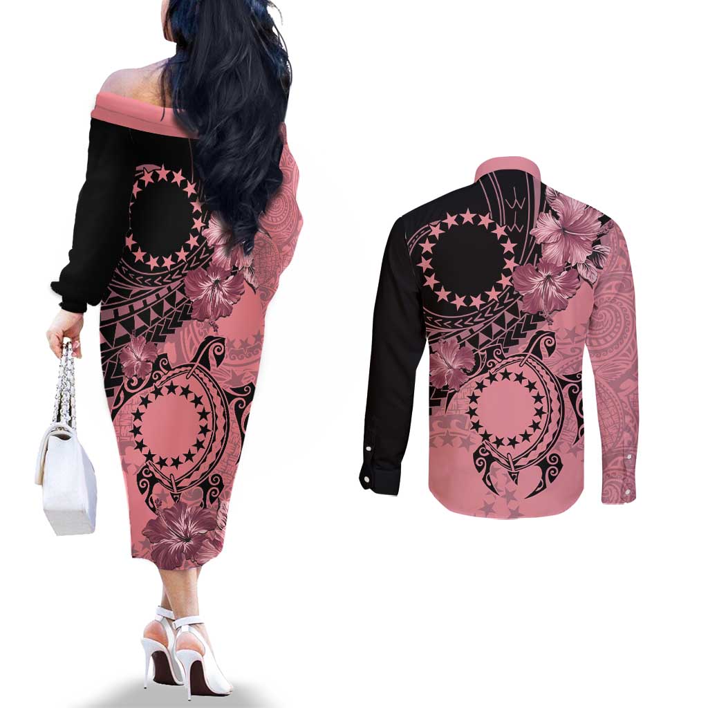 Cook Islands Turtle Couples Matching Off The Shoulder Long Sleeve Dress and Long Sleeve Button Shirt Stars and Hibiscus - Pink