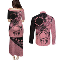 Cook Islands Turtle Couples Matching Puletasi and Long Sleeve Button Shirt Stars and Hibiscus - Pink