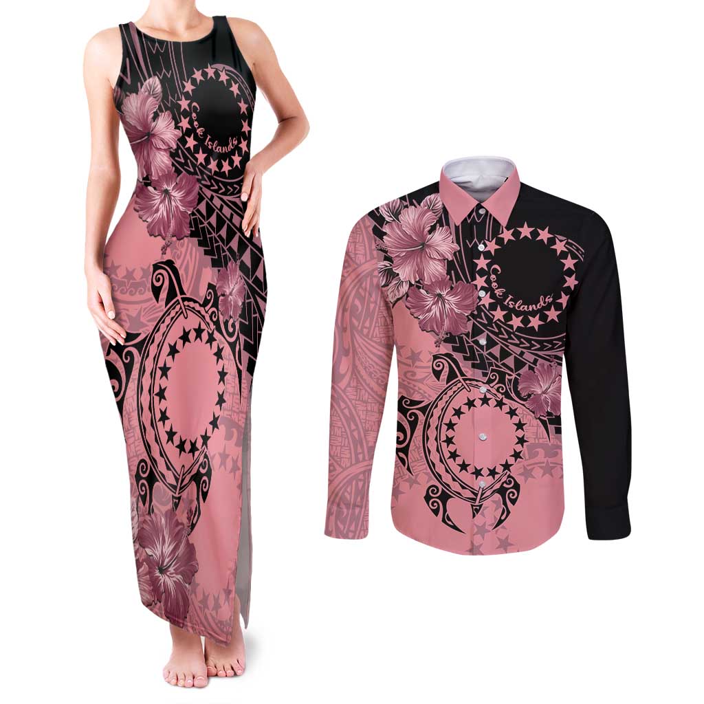 Cook Islands Turtle Couples Matching Tank Maxi Dress and Long Sleeve Button Shirt Stars and Hibiscus - Pink