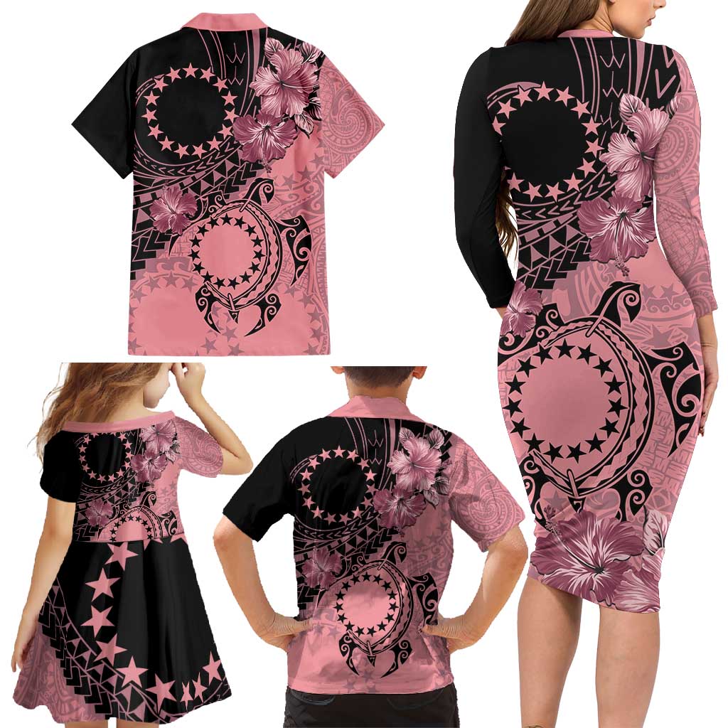 Cook Islands Turtle Family Matching Long Sleeve Bodycon Dress and Hawaiian Shirt Stars and Hibiscus - Pink LT01 - Polynesian Pride