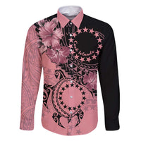 Cook Islands Turtle Family Matching Long Sleeve Bodycon Dress and Hawaiian Shirt Stars and Hibiscus - Pink LT01 Dad's Shirt - Long Sleeve Pink - Polynesian Pride