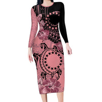 Cook Islands Turtle Family Matching Long Sleeve Bodycon Dress and Hawaiian Shirt Stars and Hibiscus - Pink LT01 Mom's Dress Pink - Polynesian Pride