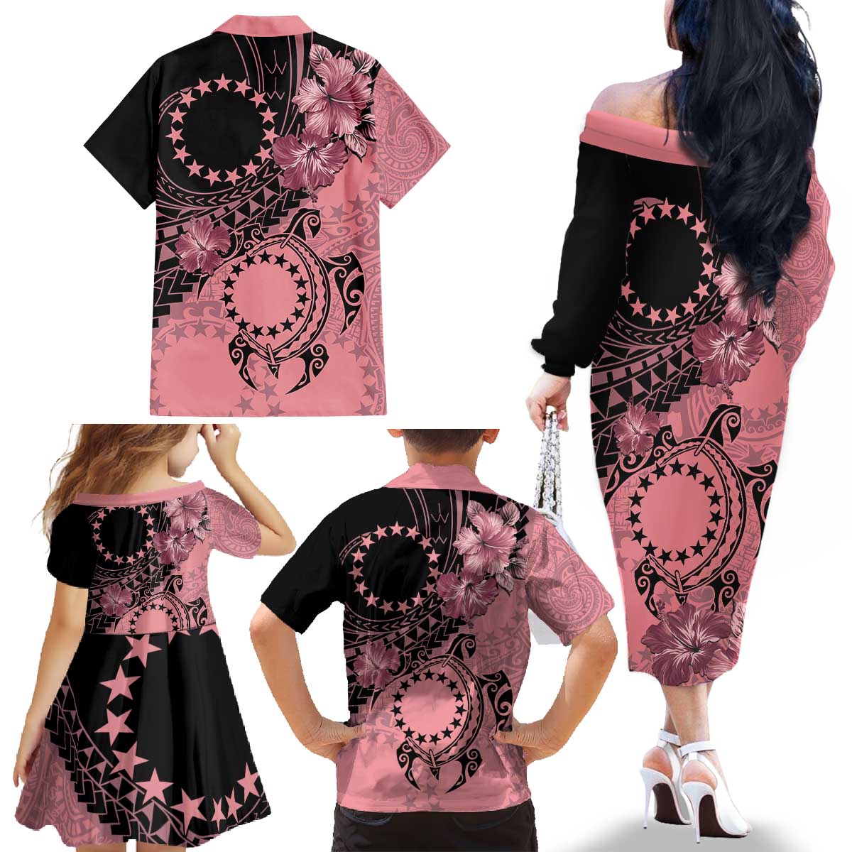 Cook Islands Turtle Family Matching Off The Shoulder Long Sleeve Dress and Hawaiian Shirt Stars and Hibiscus - Pink