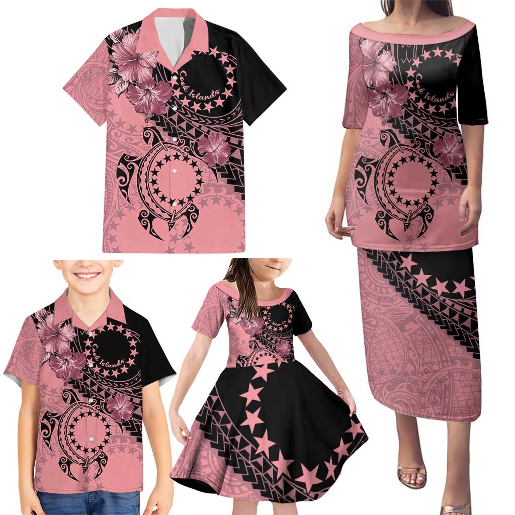 Cook Islands Turtle Family Matching Puletasi and Hawaiian Shirt Stars and Hibiscus - Pink LT01 - Polynesian Pride