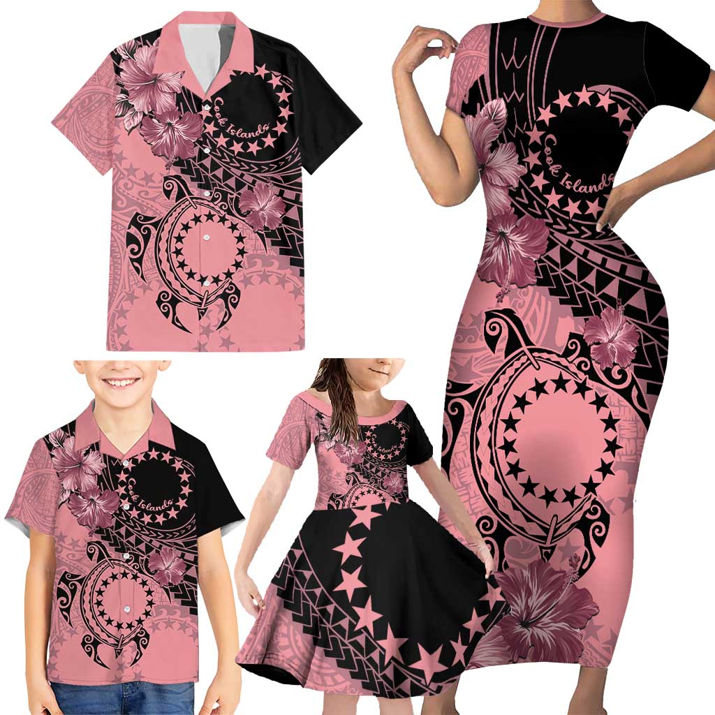 Cook Islands Turtle Family Matching Short Sleeve Bodycon Dress and Hawaiian Shirt Stars and Hibiscus - Pink LT01 - Polynesian Pride