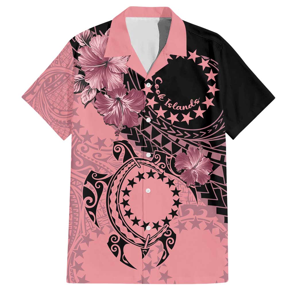 Cook Islands Turtle Family Matching Short Sleeve Bodycon Dress and Hawaiian Shirt Stars and Hibiscus - Pink LT01 Dad's Shirt - Short Sleeve Pink - Polynesian Pride