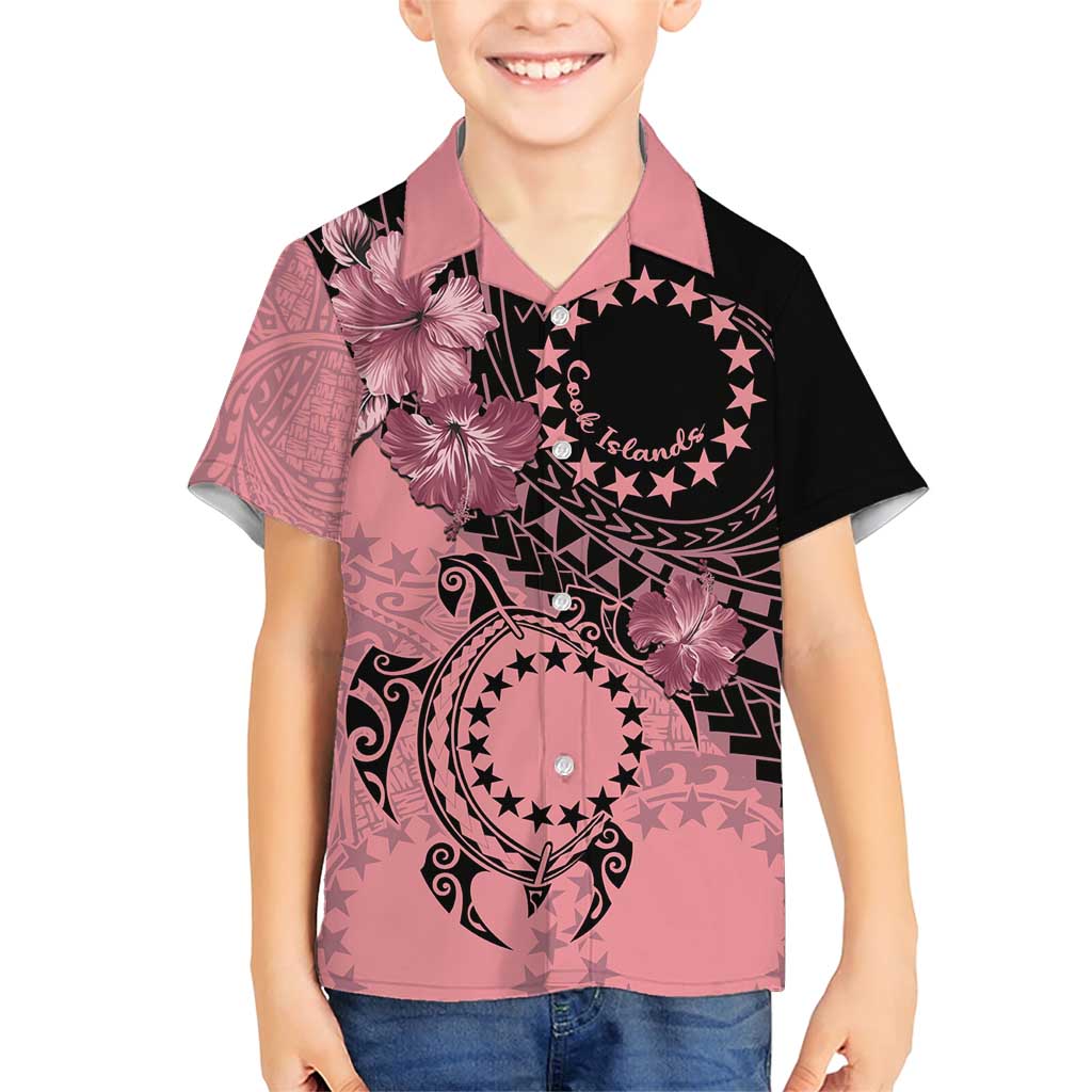 Cook Islands Turtle Family Matching Short Sleeve Bodycon Dress and Hawaiian Shirt Stars and Hibiscus - Pink LT01 Son's Shirt Pink - Polynesian Pride