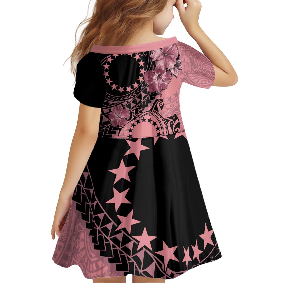 Cook Islands Turtle Kid Short Sleeve Dress Stars and Hibiscus - Pink
