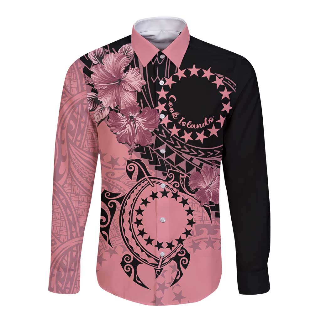 Cook Islands Turtle Long Sleeve Button Shirt Stars and Hibiscus - Pink