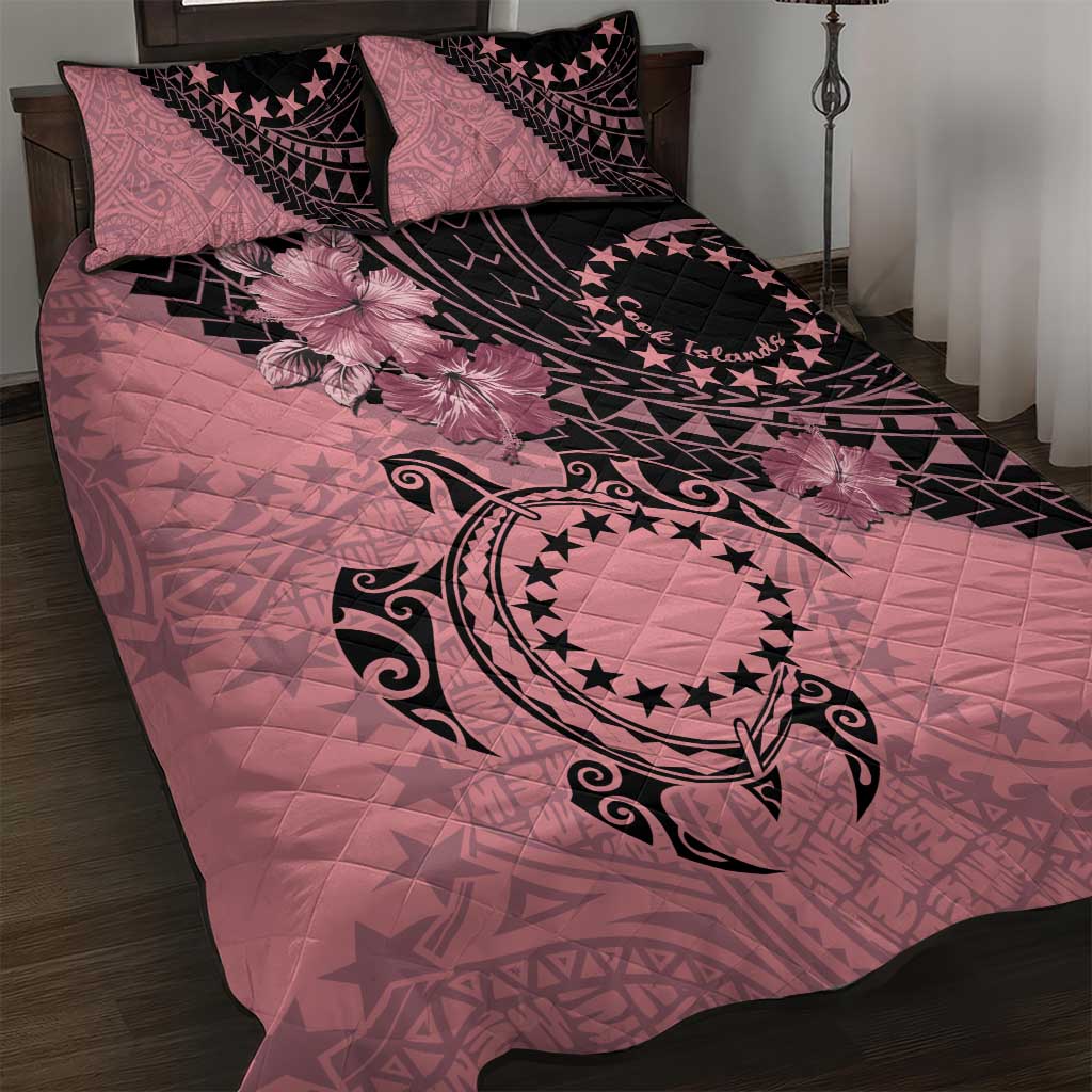 Cook Islands Turtle Quilt Bed Set Stars and Hibiscus - Pink