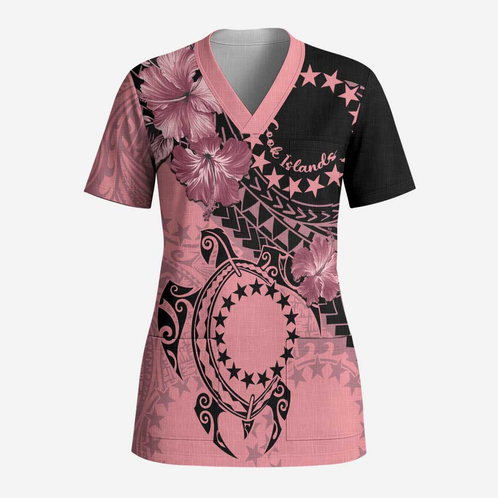 Cook Islands Turtle Scrub Top Stars and Hibiscus - Pink - Polynesian Pride
