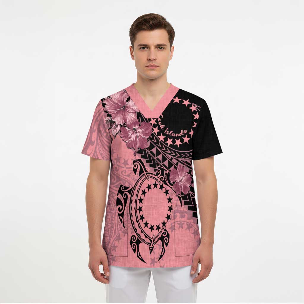 Cook Islands Turtle Scrub Top Stars and Hibiscus - Pink - Polynesian Pride