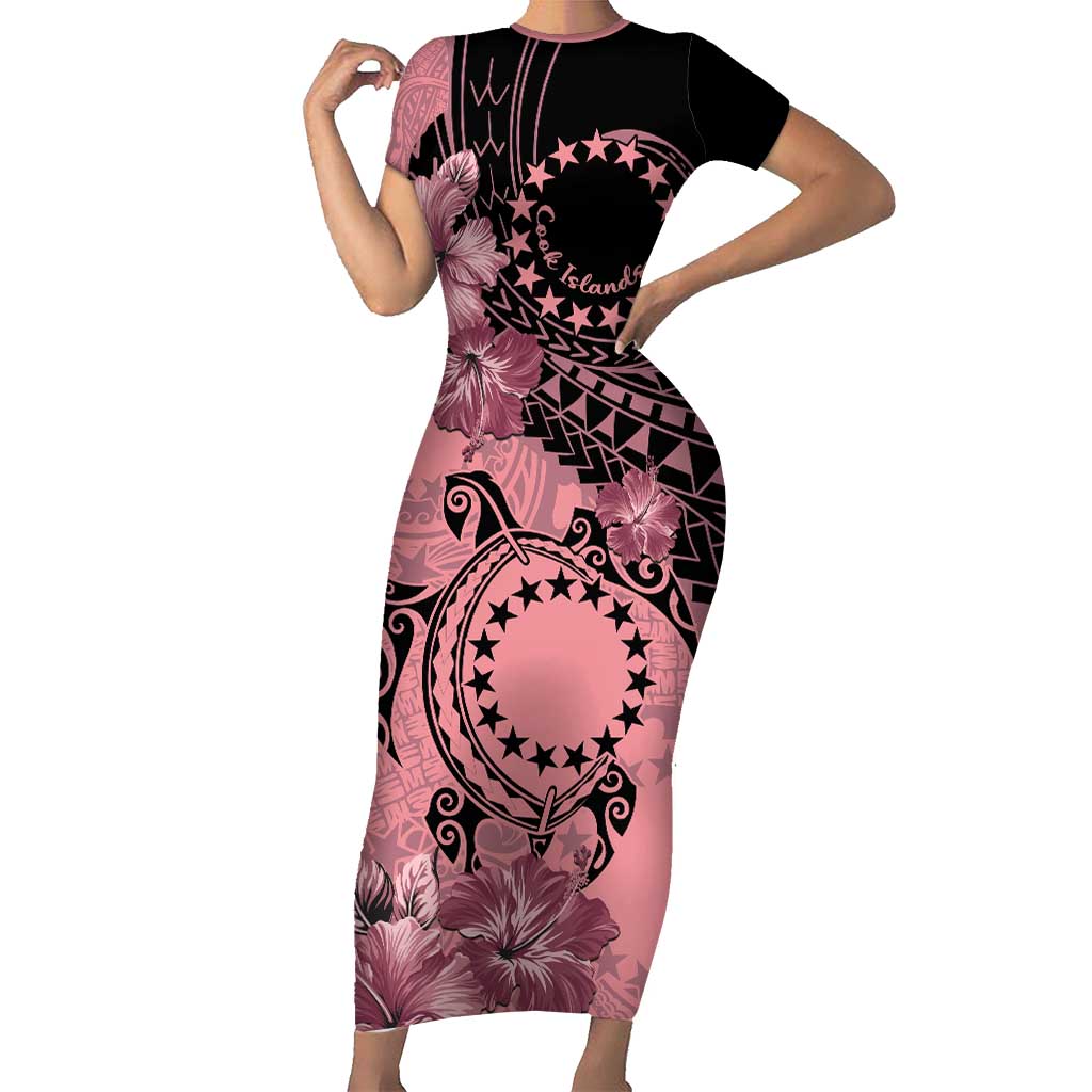 Cook Islands Turtle Short Sleeve Bodycon Dress Stars and Hibiscus - Pink