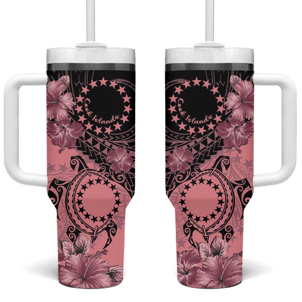 Cook Islands Turtle Tumbler With Handle Stars and Hibiscus - Pink