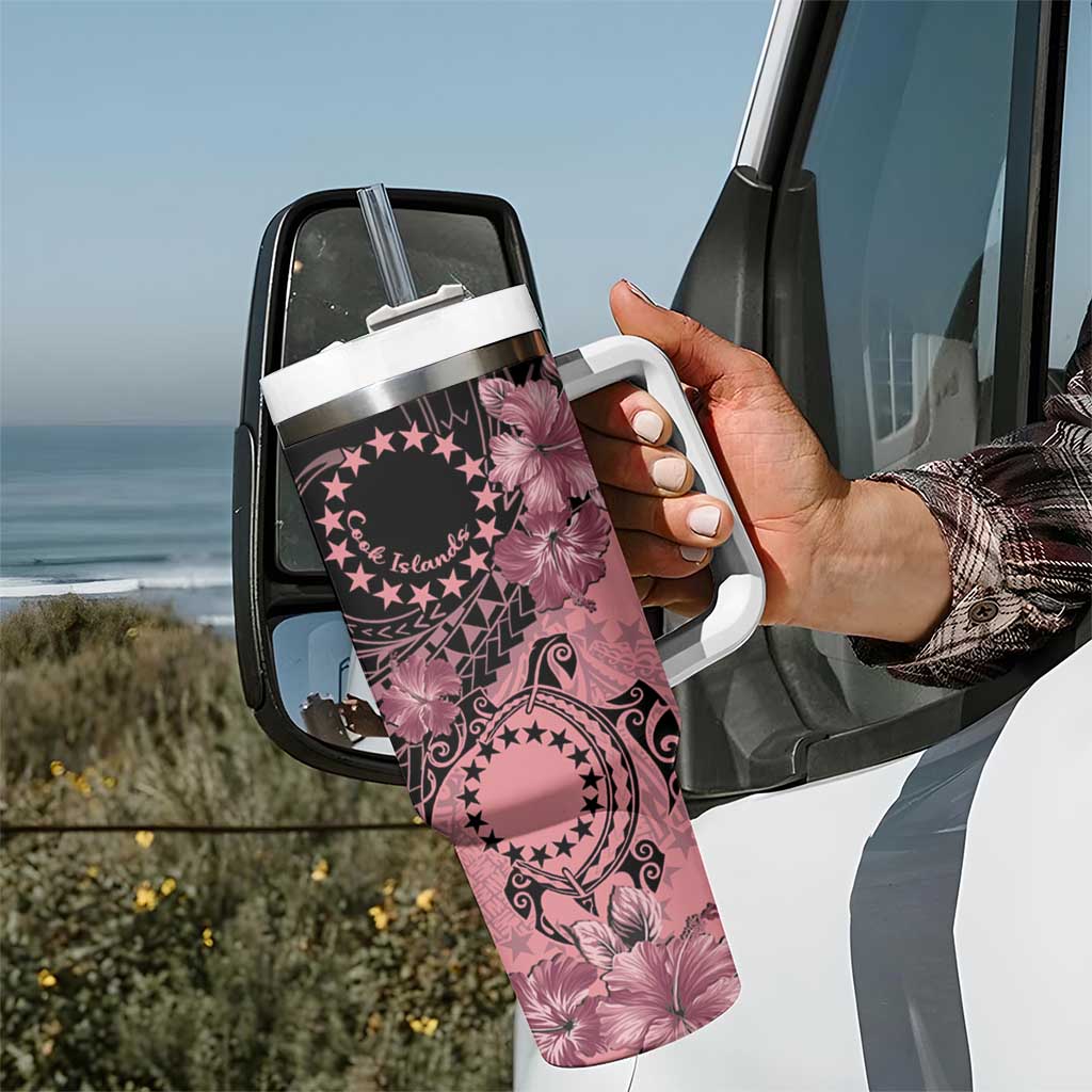 Cook Islands Turtle Tumbler With Handle Stars and Hibiscus - Pink