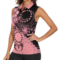 Cook Islands Turtle Women Sleeveless Polo Shirt Stars and Hibiscus - Pink