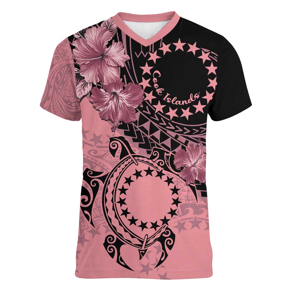 Cook Islands Turtle Women V-Neck T-Shirt Stars and Hibiscus - Pink