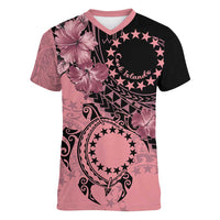 Cook Islands Turtle Women V-Neck T-Shirt Stars and Hibiscus - Pink
