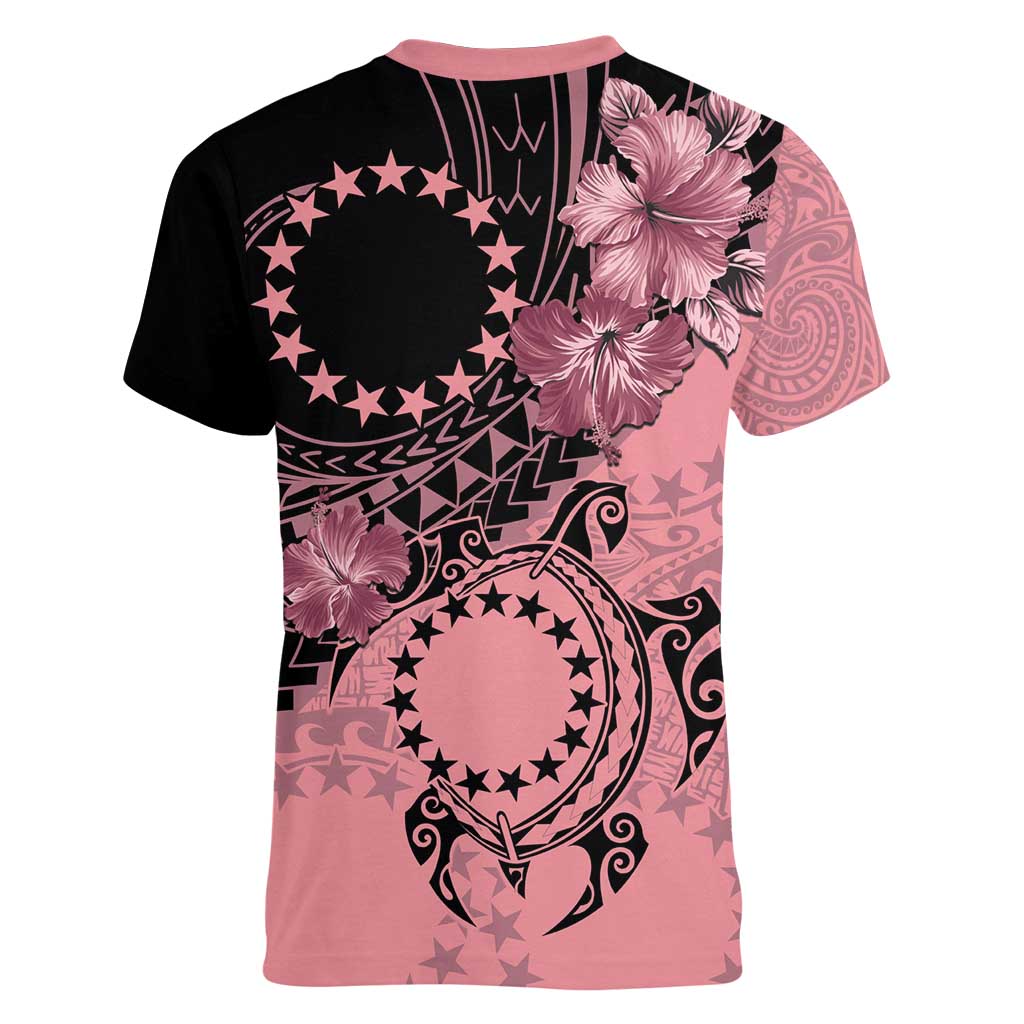 Cook Islands Turtle Women V-Neck T-Shirt Stars and Hibiscus - Pink