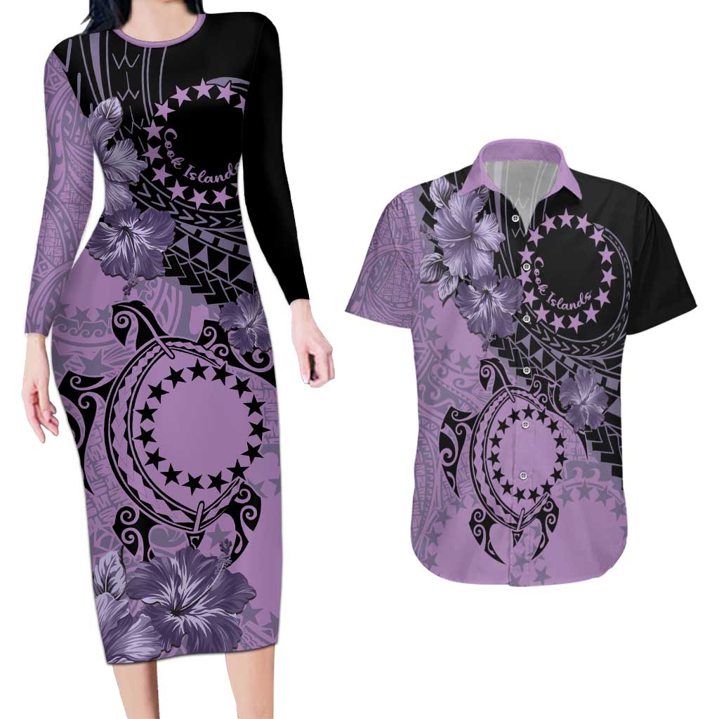 Cook Islands Turtle Couples Matching Long Sleeve Bodycon Dress and Hawaiian Shirt Stars and Hibiscus - Purple