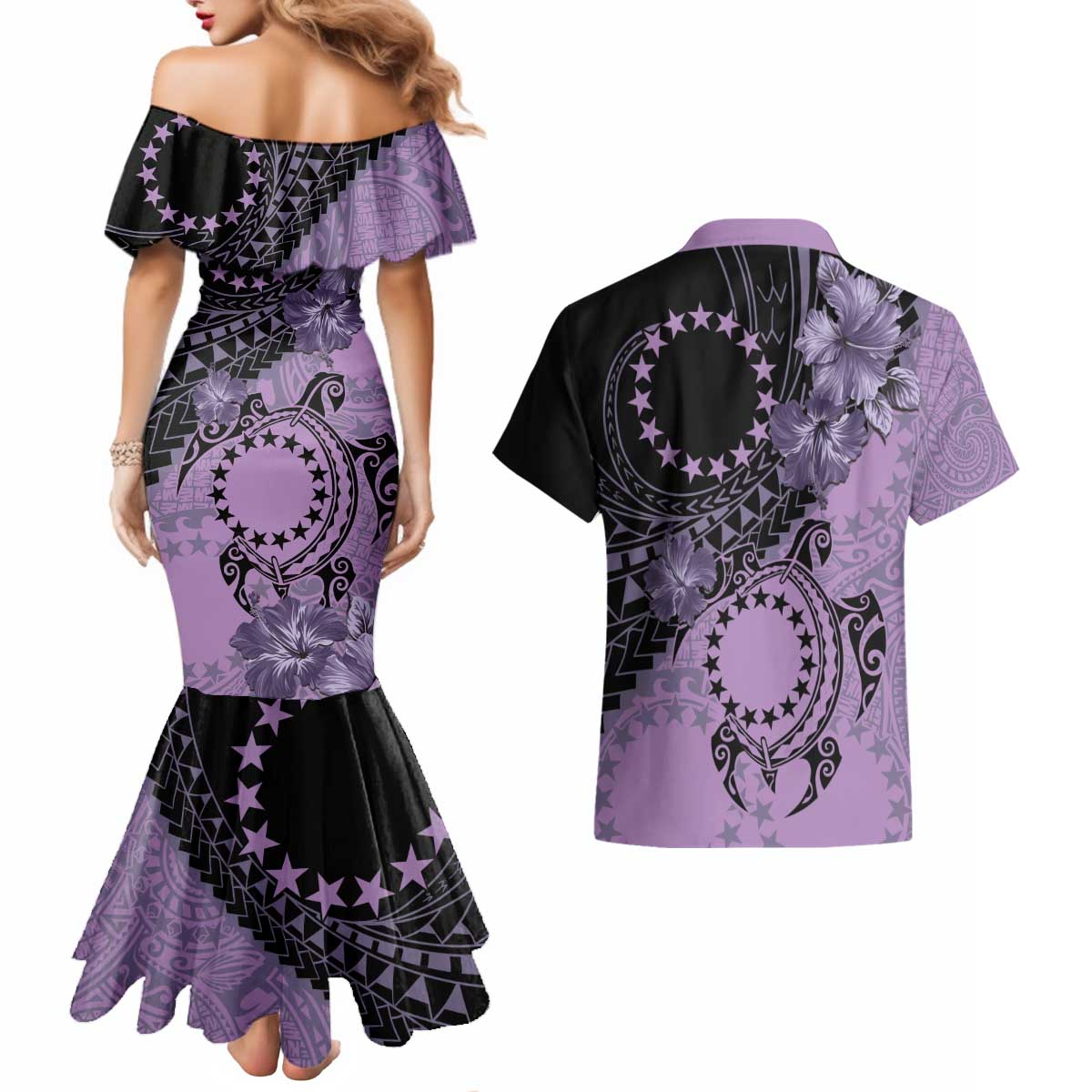 Cook Islands Turtle Couples Matching Mermaid Dress and Hawaiian Shirt Stars and Hibiscus - Purple LT01 - Polynesian Pride