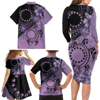 Cook Islands Turtle Family Matching Long Sleeve Bodycon Dress and Hawaiian Shirt Stars and Hibiscus - Purple LT01 - Polynesian Pride