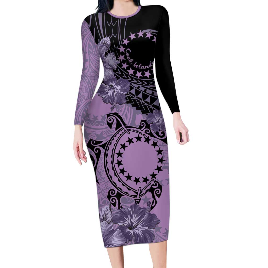 Cook Islands Turtle Family Matching Long Sleeve Bodycon Dress and Hawaiian Shirt Stars and Hibiscus - Purple LT01 Mom's Dress Purple - Polynesian Pride