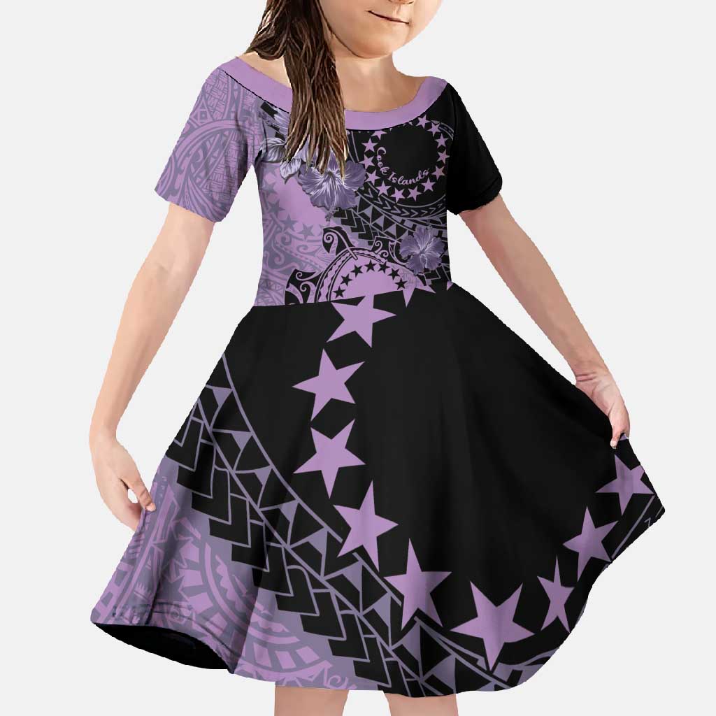 Cook Islands Turtle Family Matching Mermaid Dress and Hawaiian Shirt Stars and Hibiscus - Purple LT01 Daughter's Dress Purple - Polynesian Pride